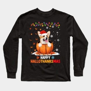 Corgi On Pumpkin Happy Hallothanksmas Long Sleeve T-Shirt